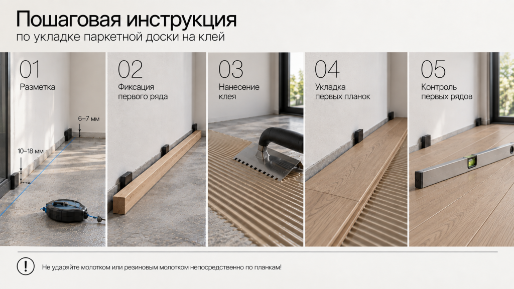 Пошаговая инструкция по укладке паркетной доски на клей